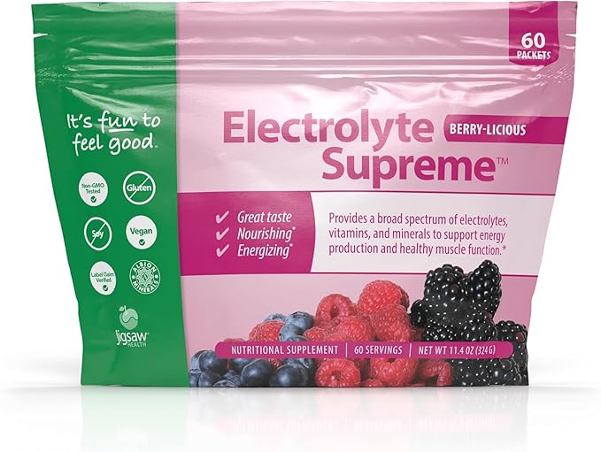 Jigsaw Health Electrolyte Supreme | Broad Spectrum of Electrolytes + Trace Minerals | Berry-Licious Flavor | 60 Servings (Packets)