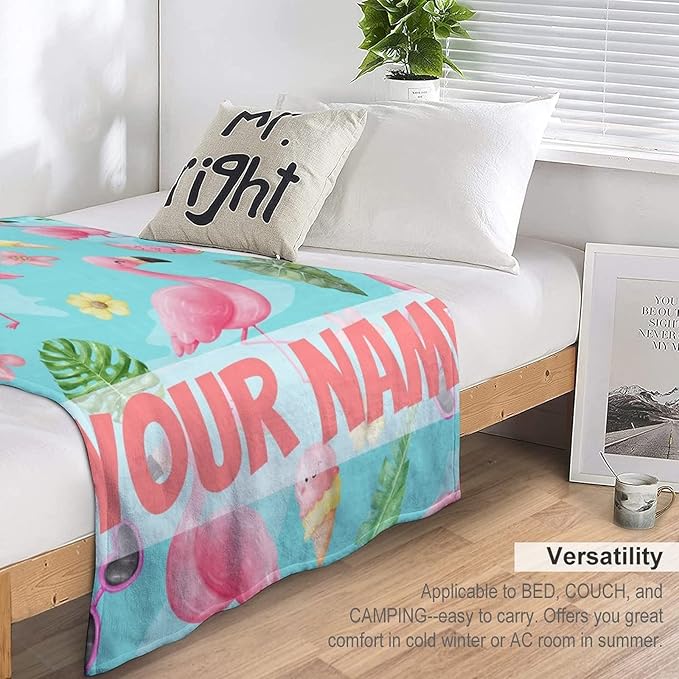 Custom Flamingo Blankets Gifts with Name - 60 x 80 Inches Cute Throw for Men & Women - Green Fluffy Comfort Furry Flamingo Blankets for Bed