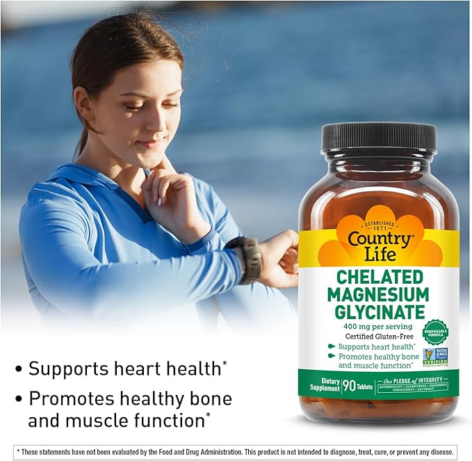 Country Life Chelated Magnesium Glycinate 400mg, 90 Tablets, Certified Gluten Free, Certified Vegan, Certified Halal, Non-GMO Verified