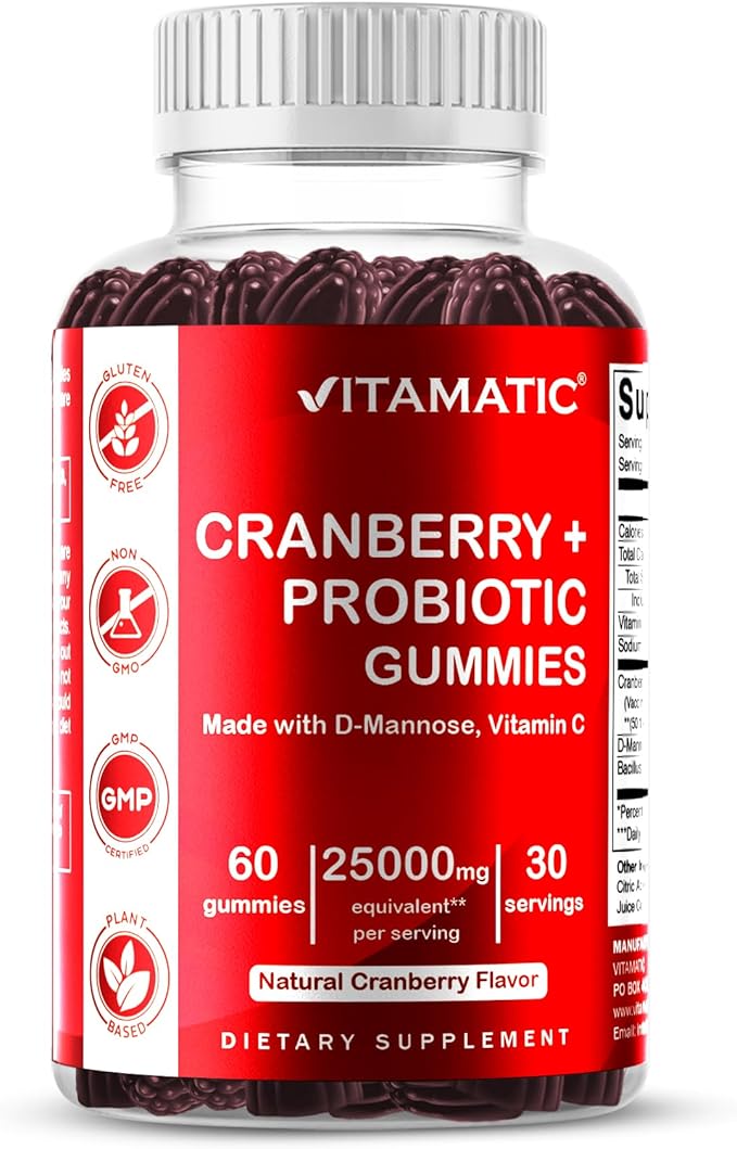 Vitamatic Vegan Cranberry Gummies with D-Mannose, Probiotics & Vitamin C – 25,000 mg Equivalent per Serving (from 50:1 Extract 500 mg) – 60 Count – Urinary Tract Health Support for Women