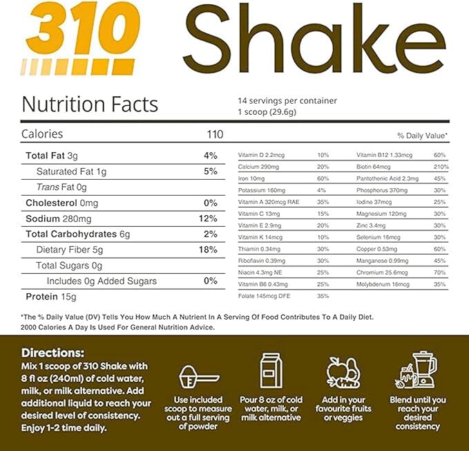 310 Nutrition All-In-One Meal Replacement Shake Powder - Plant-Based Protein Smoothie Blend w/High Fiber, Probiotics & Adaptogens - Low Carb, Vegan, Keto & Paleo Friendly - Caramel Sundae - 14 Srv