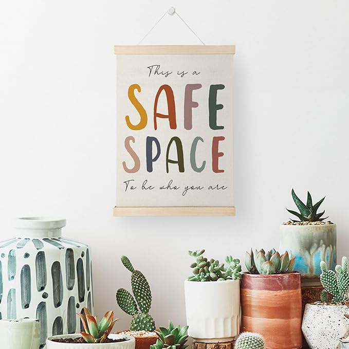 Nrleey Boho This Is A Safe Space Wall Decor with Wooden Poster Hanger - Therapy Counselor Office Decor, Mental Health Wall Art Posters for Calming Corner Classroom Playroom, 12x16 Inch