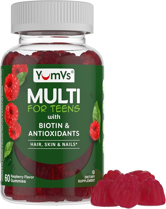 YumVs Teen Multivitamin Gummies with Biotin and Antioxidants - Raspberry Flavor - Hair Skin Nails Support - Kosher Teenager Vitamins for Boys and Girls 12-17 - Teen Gummy Multi Vitamin (60 Count)