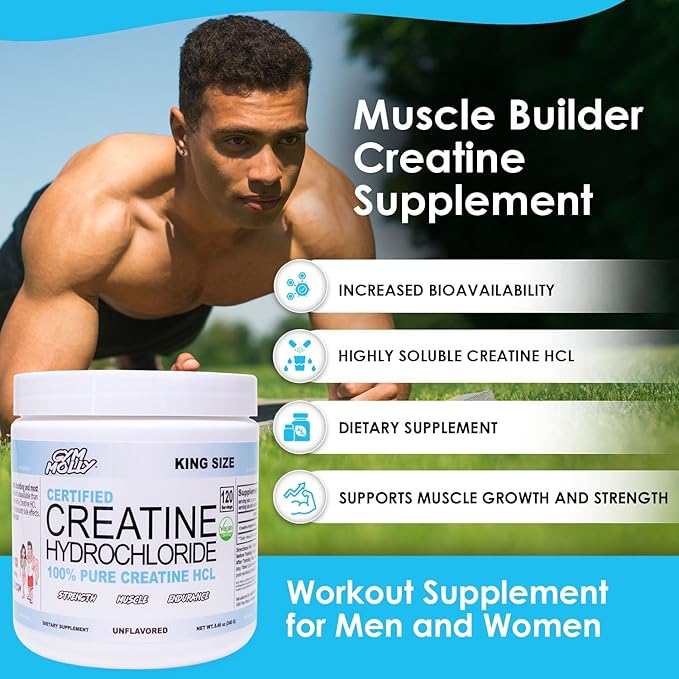 Gym Molly Creatine Hydrochloride (HCL) Powder, Highly Soluble Creatine Hydrochloride, Unflavored, Vegan, Workout Supplement for Men and Women, Muscle Builder Creatine Supplement (King Size)