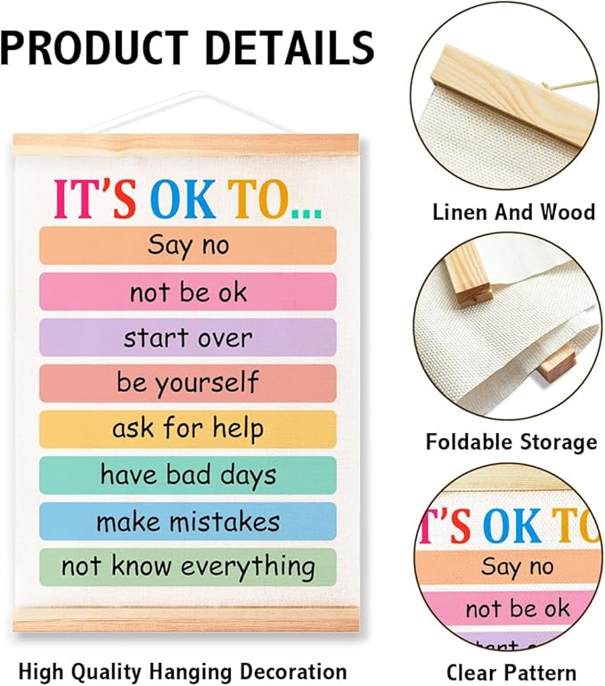It's OK To Poster Hanger Frame for Therapy Counseling Office Wall Decor,Mental Health Canvas Wall Art Poster Print Wall Hanging 16x12in