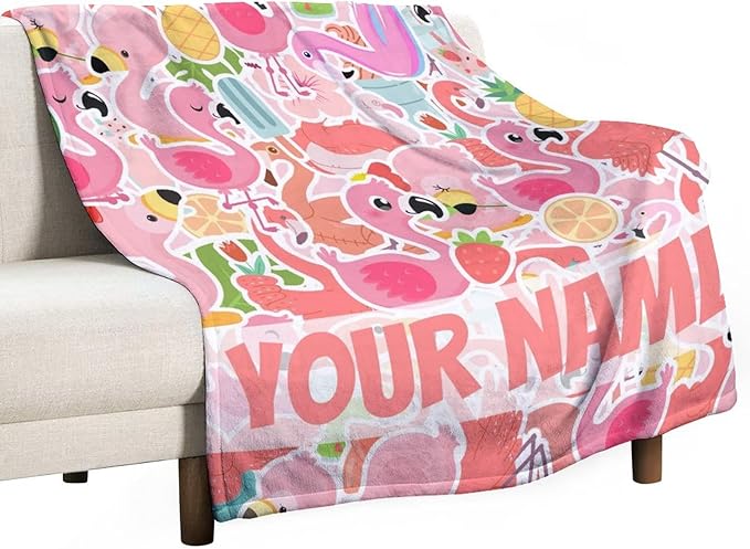Custom Flamingo Blanket Gifts with Name - 50 x 60 Inches Funny Flamingo Throw for Teens - Pink Fluffy Warm Cozy Blankets for Travel