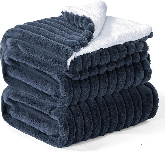 INFIIXSO Sherpa Throw Blanket for Couch - Super Soft & Warm Striped Fleece Blanket, Cozy Plush Fluffy Blanket All Season Use (Navy Blue, 60x80 Inches)