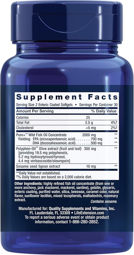 Life Extension Super Omega-3 EPA/DHA Fish Oil, Sesame Lignans & Olive Extract – Heart Health, Brain Health, Inflammation Health Support, Gluten-Free, Enteric-Coated, Non-GMO, 60 Softgels