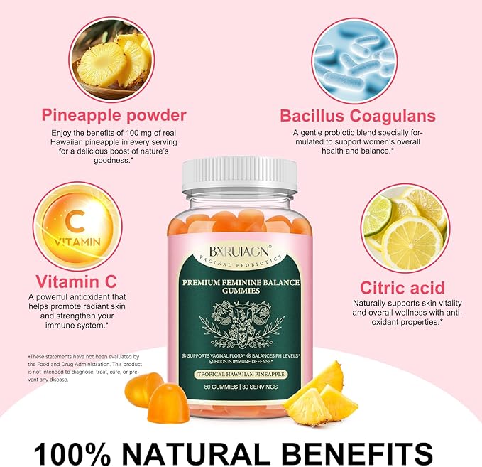 Premium Feminine Balance Gummies, Pineapple Gummies for Women ph, Supports Vaginal Flora, Balances Ph Levels, Boosts Immune Defense, Vegan, Gluten-Free - Hawaiian Pineapple - 60 Count