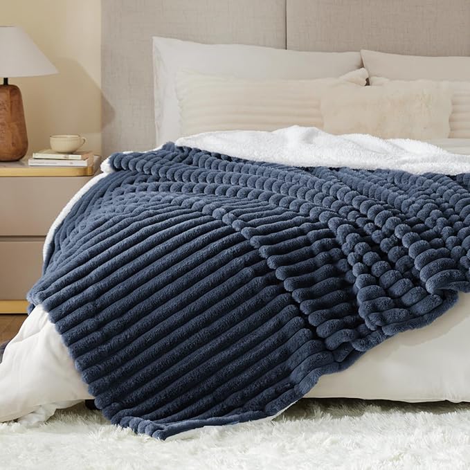 INFIIXSO Sherpa Throw Blanket for Couch - Super Soft & Warm Striped Fleece Blanket, Cozy Plush Fluffy Blanket All Season Use (Navy Blue, 60x80 Inches)