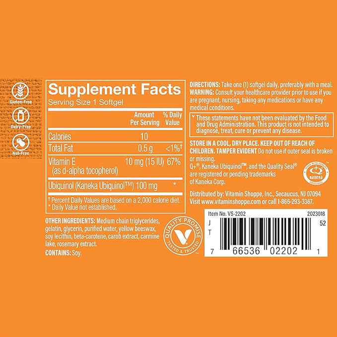 The Vitamin Shoppe Ubiquinol CoQ-10 100mg - Beneficial for Those Taking Statins – Supports Heart & Cellular Health and Healthy Energy Production, Essential Antioxidant – Once Daily (30 Softgels)