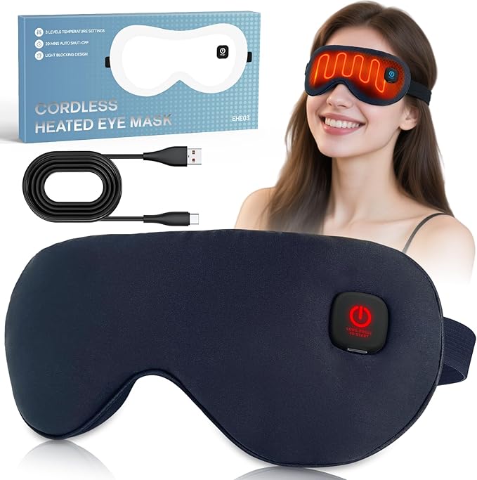 Heated Eye Mask for Dry Eyes Relief, Cordless Eye Mask with 3 Heat Settings, Washable Eye Cover, Warm Heating Pad for Stye Eye Treatment & Travel Use