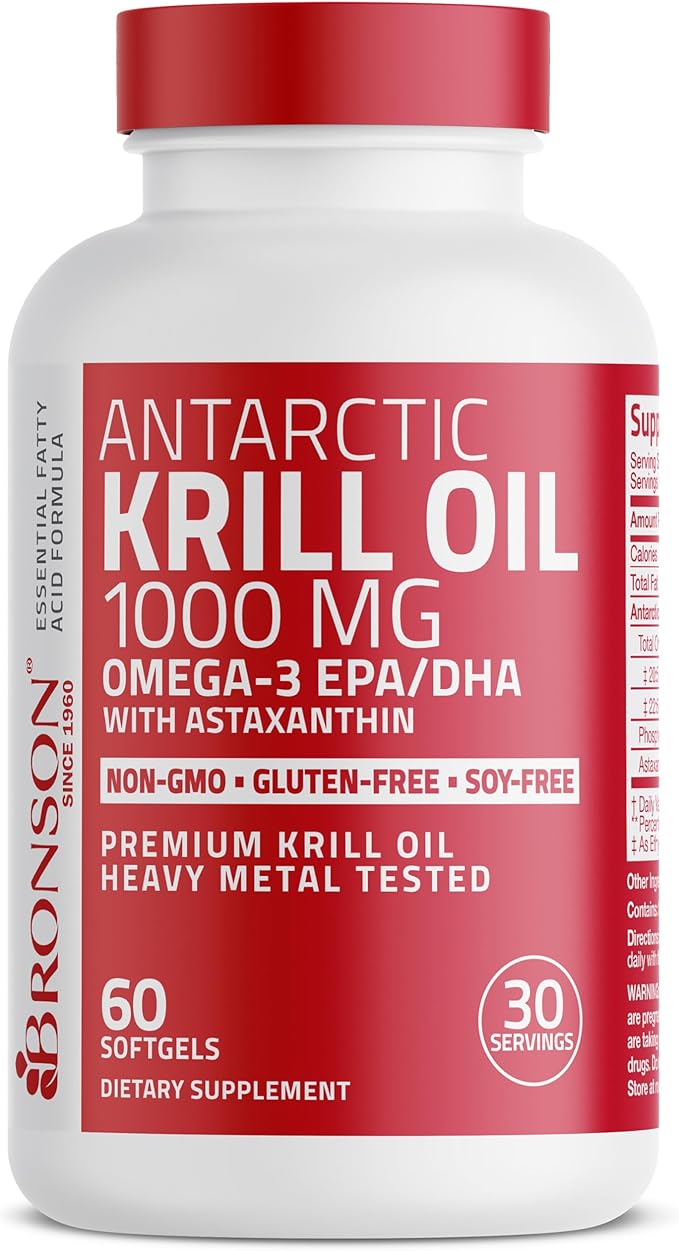 Bronson Antarctic Krill Oil 1000 mg with Omega-3s EPA, DHA, Astaxanthin and Phospholipids 60 Softgels