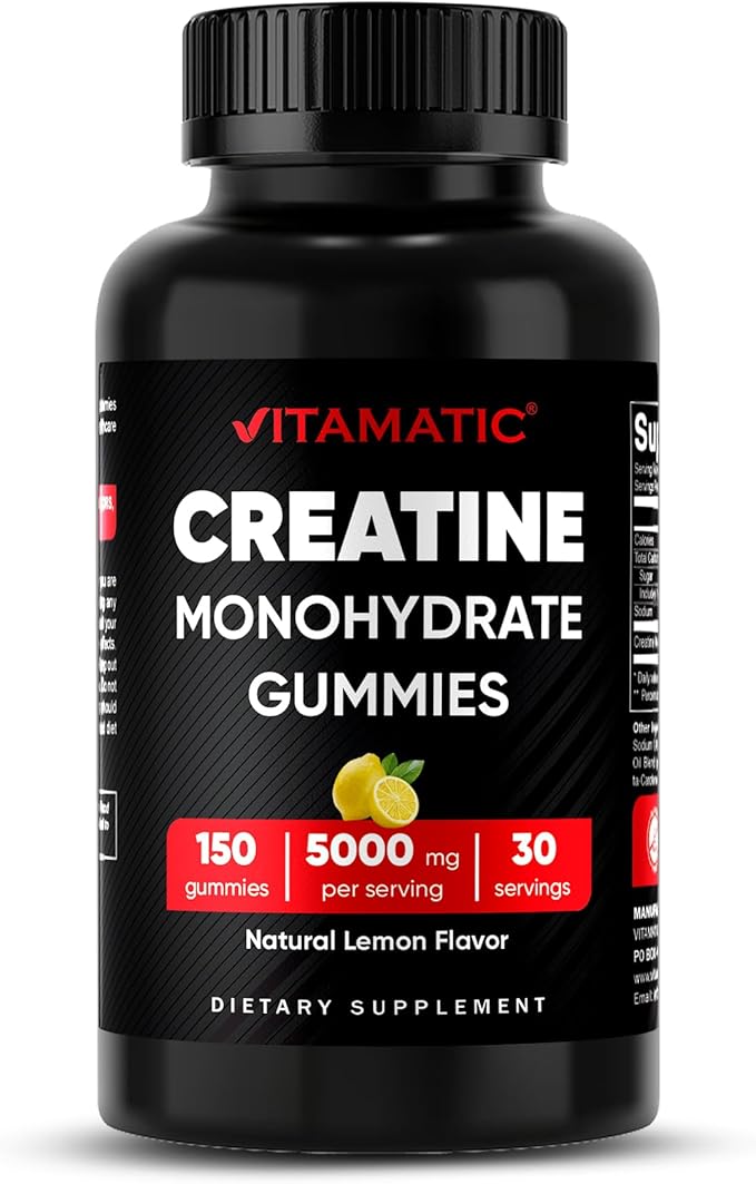 Vitamatic Creatine Gummies 5000mg per Serving Natural Lemon Flavor – 150 Gummies – Creatine Monohydrate for Muscle Strength, Energy & Recovery – Non-GMO, Gluten-Free