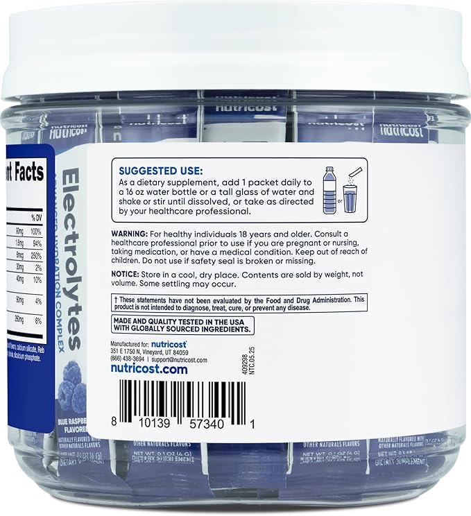 Nutricost Electrolytes Complex, Blue Raspberry Flavored, 40 Stickpacks - Advanced Hydration Complex