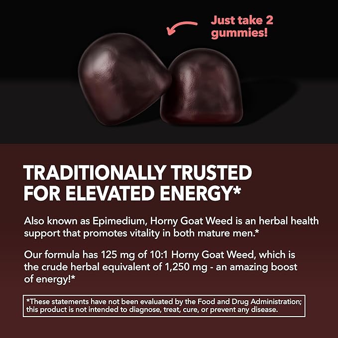 Horny Goat Weed Gummies with Vitamin B12 - Energy, Endurance & Performance Support for Male Health - 30 Count - Vegetarian-Friendly, Non-GMO, Pectin-Based - Raspberry Flavor, 15 Servings
