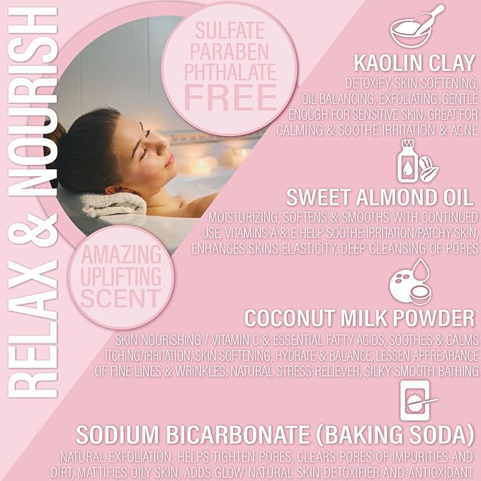 Vegan Milk Bath Soak Made with Moisturizing Coconut Milk Powder & Sweet Almond Oil for a Bath Bomb Dust Soothing Fizz & Relaxing Soak, 8 oz. (Watermelon)