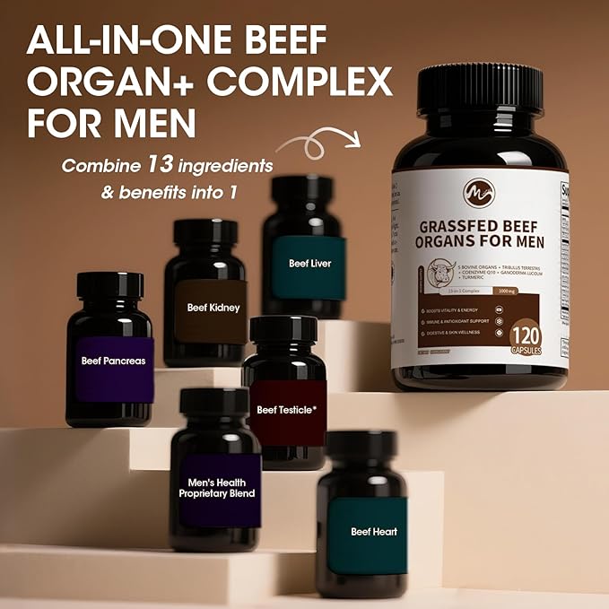 Beef Organs Supplement for Men, Beef Liver, Kidney, Heart, Pancreas, Tribulus Terrestris, CoQ10, Ganoderma for Men's Vitali*ty, Energ*y, Immune, Ant*i-oxidant Support, Non-GMO, Gluten-Free, 120 Count