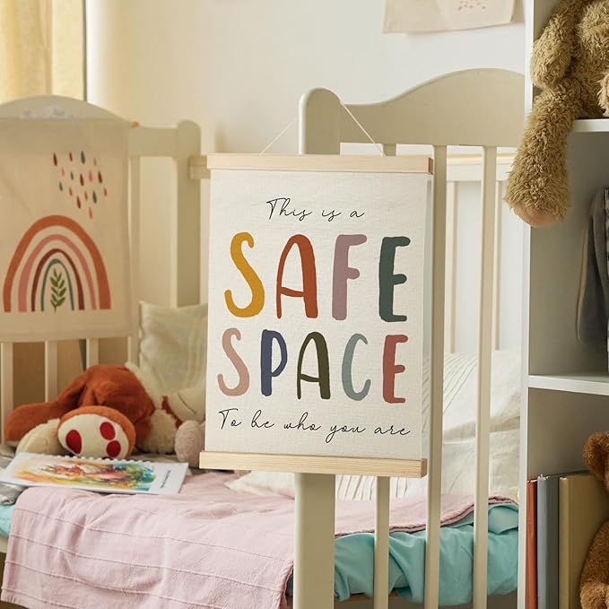 Nrleey Boho This Is A Safe Space Wall Decor with Wooden Poster Hanger - Therapy Counselor Office Decor, Mental Health Wall Art Posters for Calming Corner Classroom Playroom, 12x16 Inch
