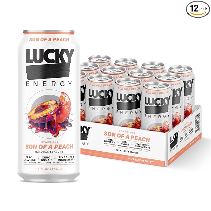 Lucky Energy Sugar Free Energy Drinks 16 Fl Oz Cans (12-Pack) Son of a Peach with Maca, Ginseng, Taurine, Beta-Alanine, 200mg Caffeine, Zero Calories