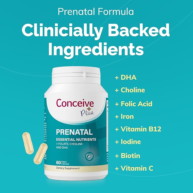 Conceive Plus Prenatal Vitamins for Women Supplement - Multivitamin With Folic Acid for Pregnancy Vegan, Choline, Iron - Pre Natal Vitamins DHA, Non GMO - Maternity Vitamin for Brain & Eye 60 Capsules
