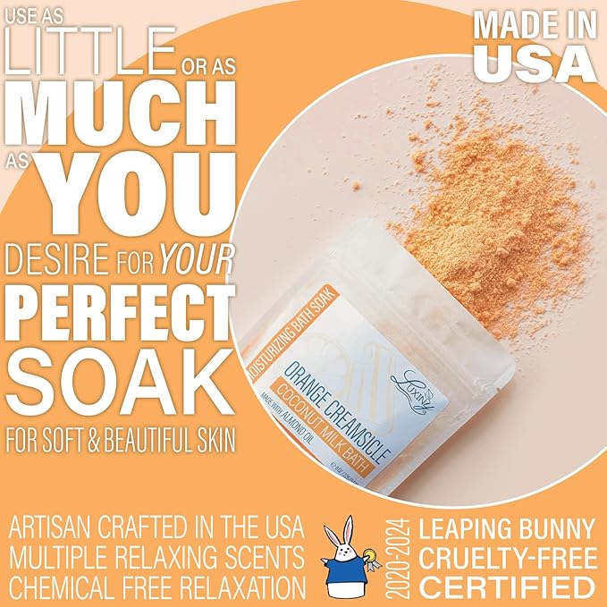 Vegan Milk Bath Soak Made with Moisturizing Coconut Milk Powder & Sweet Almond Oil for a Bath Bomb Dust Soothing Fizz & Relaxing Soak, 8 oz. (Orange Creamsicle)