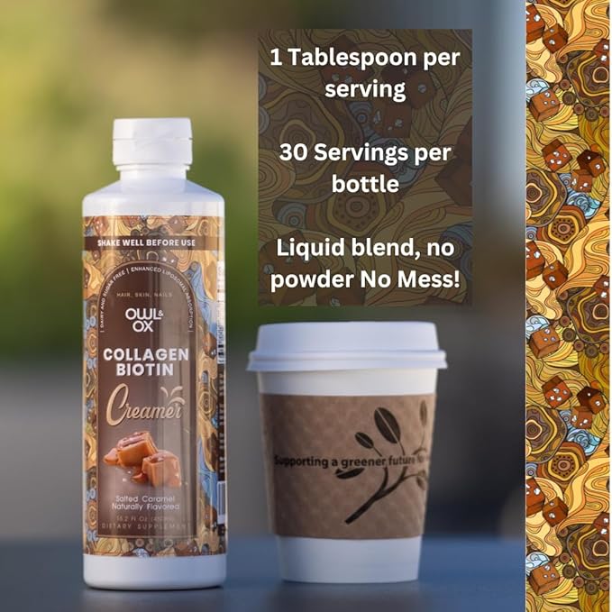 Collagen Coffee Creamer by Owl & Ox – Biotin-Infused for Healthy Hair, Skin & Nails | Keto, Dairy-Free, Sugar-Free, Gluten-Free | Liquid Salted Caramel | 30 Servings