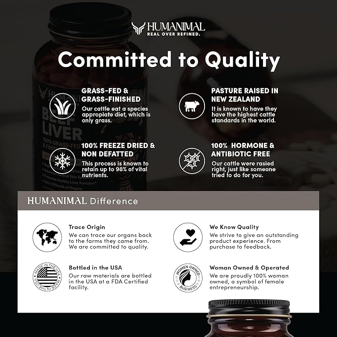 Humanimal Beef Liver Supplement | Nutrient-Dense Beef Liver Capsules | 100% Grass-Fed & Finished, Freeze-Dried | Boosts Energy Levels, Focus, Skin Health & Liver Function | Non-GMO, 180 Capsules