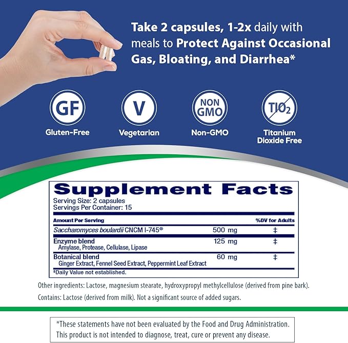 Florastor Advanced Gas and Bloat Probiotic, Digestive Enzymes and Botanicals, Plus Probiotics for Digestive Health, 30 Capsules