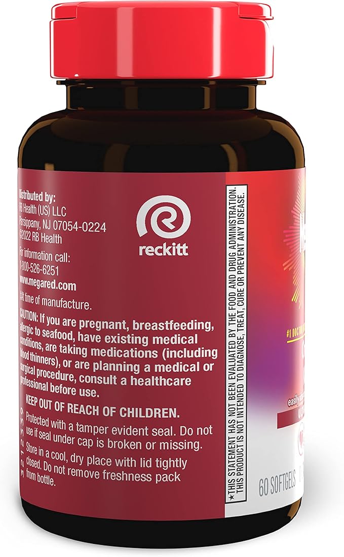 MegaRed Ultra Strength 1000mg Omega-3 Krill Oil Supplement with EPA/DHA, Astaxanthin & Phospholipids, No Fish Oil Aftertaste Supports Heart, Brain, Joint and Eye Health, 60 Count Softgels.