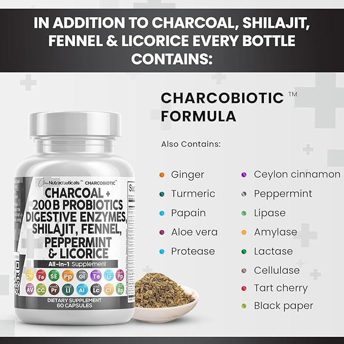 Clean Nutra Activated Charcoal Capsules Shilajit Pills Probiotic Digestive Enzymes for Digestive Health with Peppermint Fennel Licorice Papain Ginger Turmeric | Gut Health