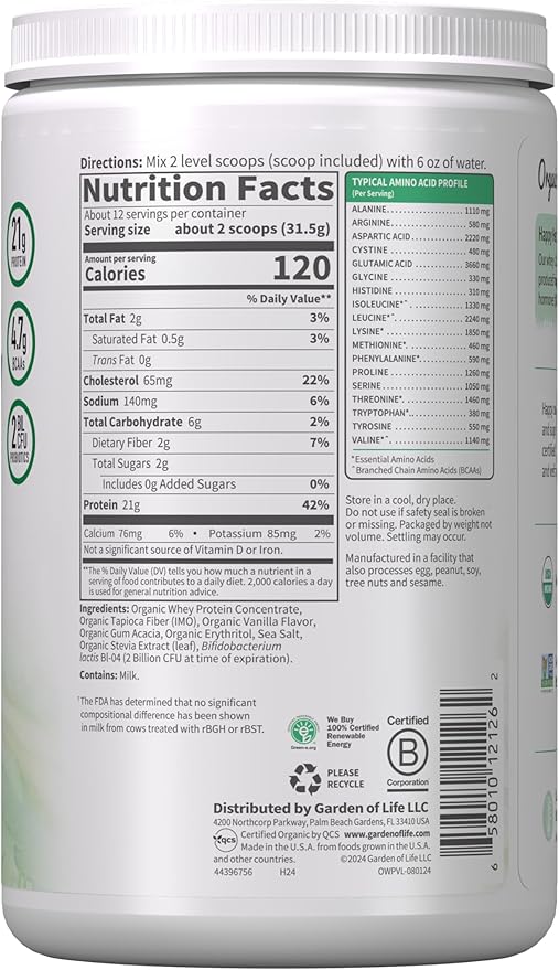 Garden of Life Grass Fed Whey Protein Powder Vanilla - 21g Protein for Women & Men + Probiotics - 12 Servings - Gluten Free, Non GMO, Kosher, Humane, RBST & rBGH Hormone Free