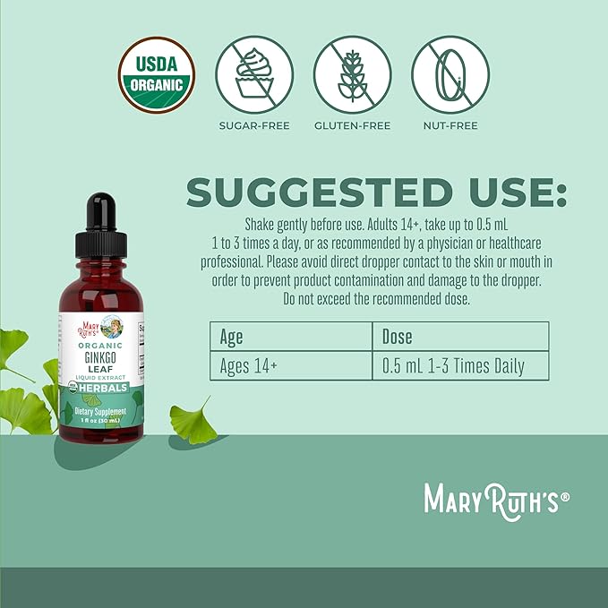 MaryRuth Organics Ginkgo Leaf Liquid Drops | Herbal Supplement | Nootropic | Circulatory System & Nervous System Health | USDA Organic | Non-GMO | Vegan | 60 Servings