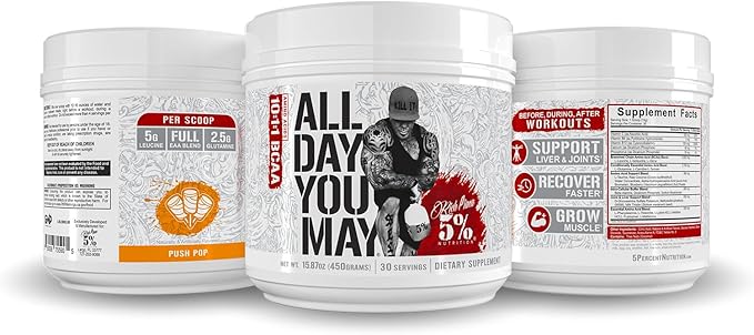 5% Nutrition Rich Piana AllDayYouMay BCAA Powder | Premium Intra & Post Workout Amino Acids, Hydration, Endurance, Muscle Recovery, Joint & Liver Support | 15.87 oz, 30 Servings (Push Pop)