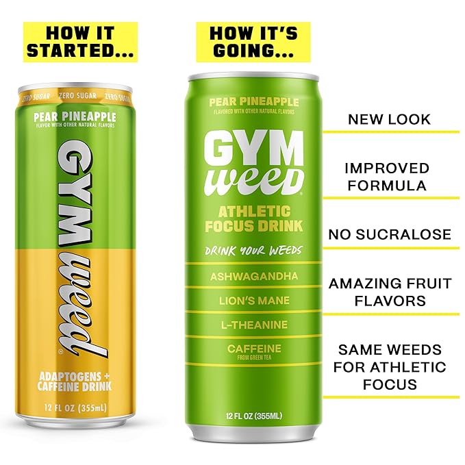 GYM WEED Athletic Focus Drink with KSM-66 Ashwagandha, Lion's Mane Mushroom, L-Theanine, 200mg Green Tea Caffeine with Natural Sweeteners Pear Pineapple Flavor, 12 Pack