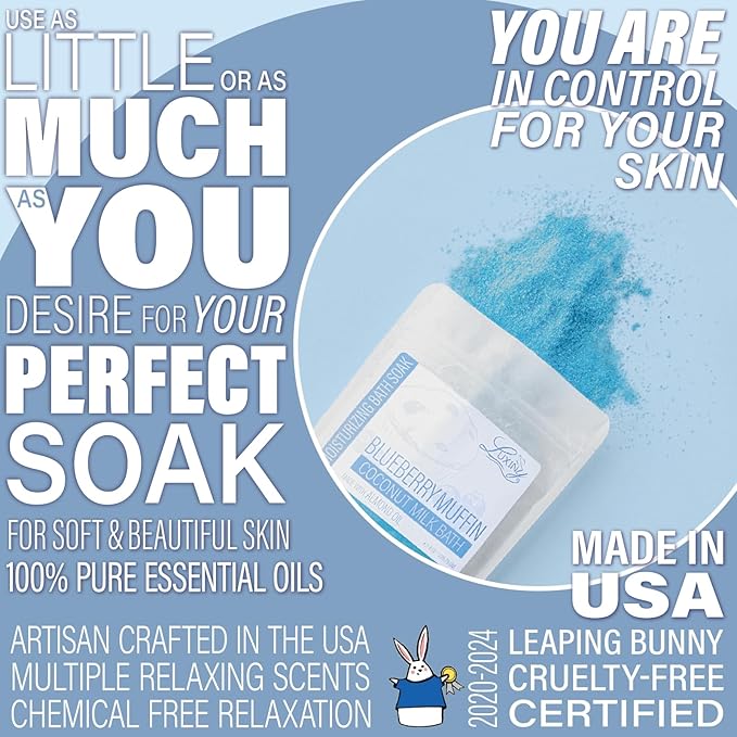 Vegan Milk Bath Soak Made with Moisturizing Coconut Milk Powder & Sweet Almond Oil for a Bath Bomb Dust Soothing Fizz & Relaxing Soak, 8 oz. (Blueberry Muffin)