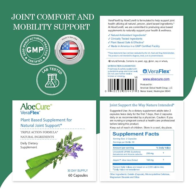 AloeCure VeraFlex Natural Joint Health Supplement with USDA Organic Aloe Vera - Plant-Based Capsules to Support Comfort, Mobility and Flexibility - All-Natural Formula, 60 Capsules