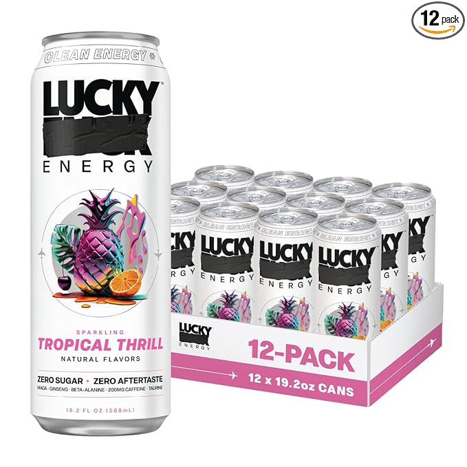 Lucky Energy Sugar Free Energy Drinks 19.2 Fl Oz Cans (Pack of 12) Healthy Energy Drink. Tropical Thrill with Maca, Ginseng, Taurine, Beta-Alanine, 200mg Caffeine (Packaging May Vary)