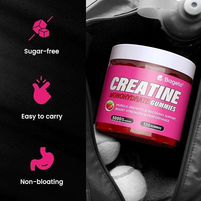 Creatine Monohydrate Gummies 5g for Men Women,Sugar Free Chewables Creatine Pre-Workout for Muscle Strength, Strawberry and Watermelon Flavor, 120 Count