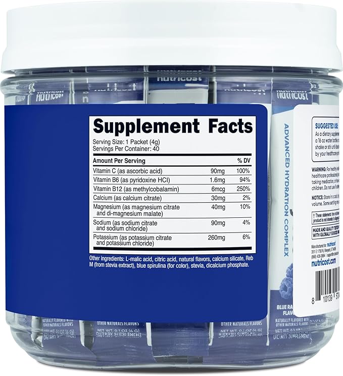 Nutricost Electrolytes Complex, Blue Raspberry Flavored, 40 Stickpacks - Advanced Hydration Complex
