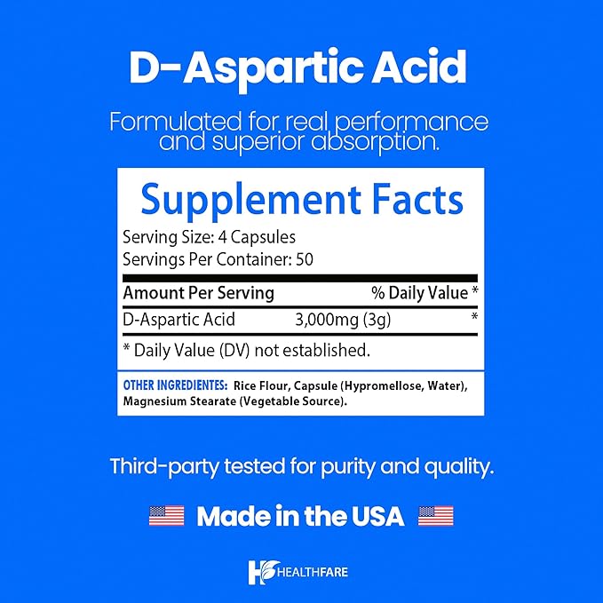D-Aspartic Acid 3000mg | 200 Vegan Capsules | Premium Amino Acid Supplement | Non-GMO, Gluten-Free | Made in The USA