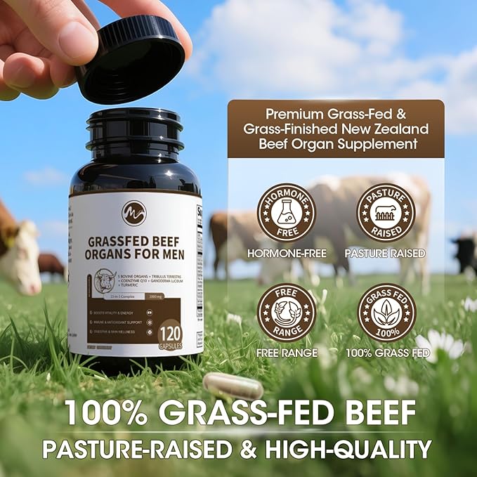 Beef Organs Supplement for Men, Beef Liver, Kidney, Heart, Pancreas, Tribulus Terrestris, CoQ10, Ganoderma for Men's Vitali*ty, Energ*y, Immune, Ant*i-oxidant Support, Non-GMO, Gluten-Free, 120 Count