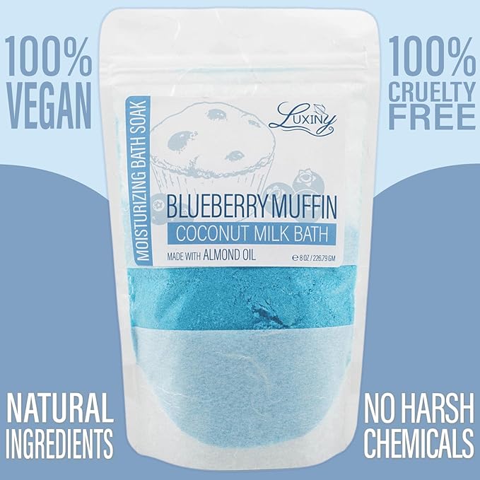 Vegan Milk Bath Soak Made with Moisturizing Coconut Milk Powder & Sweet Almond Oil for a Bath Bomb Dust Soothing Fizz & Relaxing Soak, 8 oz. (Blueberry Muffin)