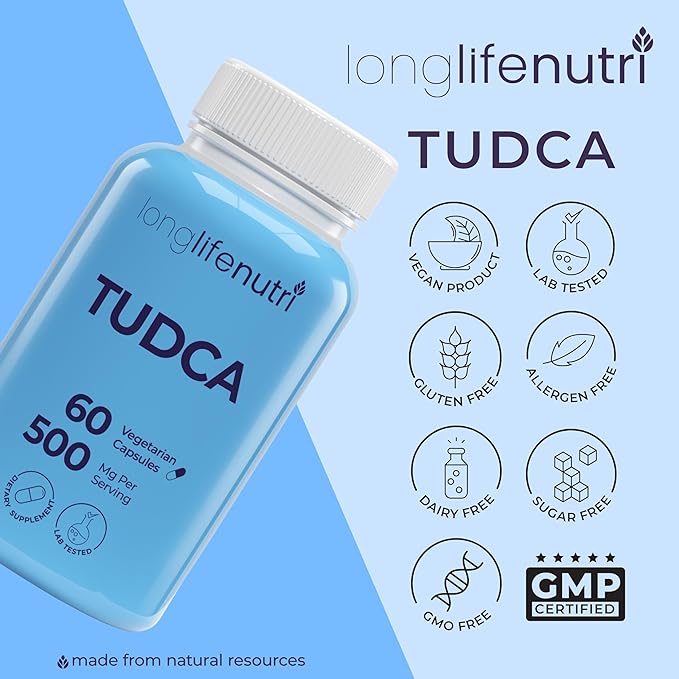 TUDCA - Tauroursodeoxycholic Acid Bile Salt, 500mg per Serving & 60 Vegetarian Capsules, Natural Ingredients, 30-Day Supply, Made in USA