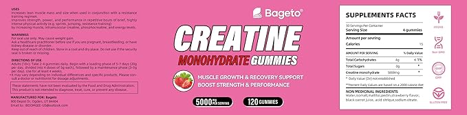 Creatine Monohydrate Gummies 5g for Men Women,Sugar Free Chewables Creatine Pre-Workout for Muscle Strength, Strawberry and Watermelon Flavor, 120 Count