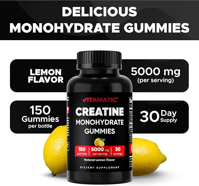 Vitamatic Creatine Gummies 5000mg per Serving Natural Lemon Flavor – 150 Gummies – Creatine Monohydrate for Muscle Strength, Energy & Recovery – Non-GMO, Gluten-Free