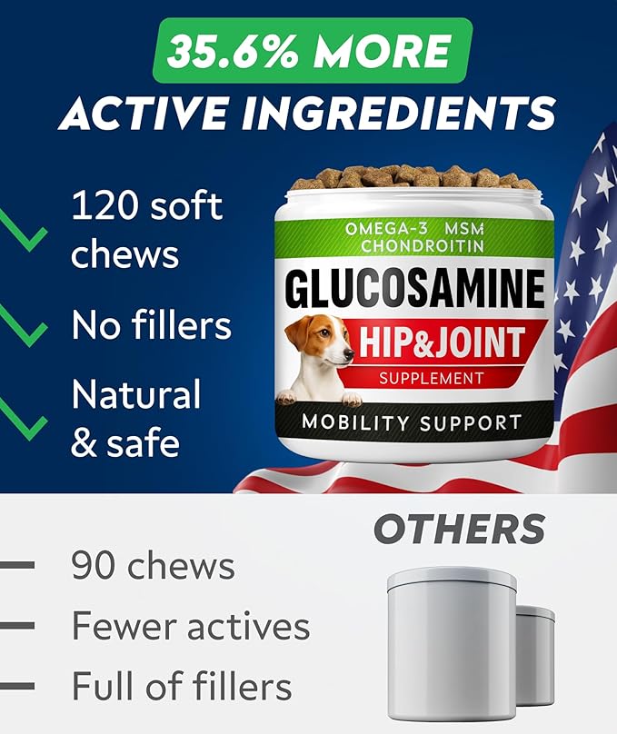 Hip & Joint Glucosamine Supplement Treats for Dogs - Chondroitin, Omega-3, MSM - Advanced Joint Health Support Chews for Large Breed - Pain Relief - Bacon Flavor - 120 Ct - Made in USA
