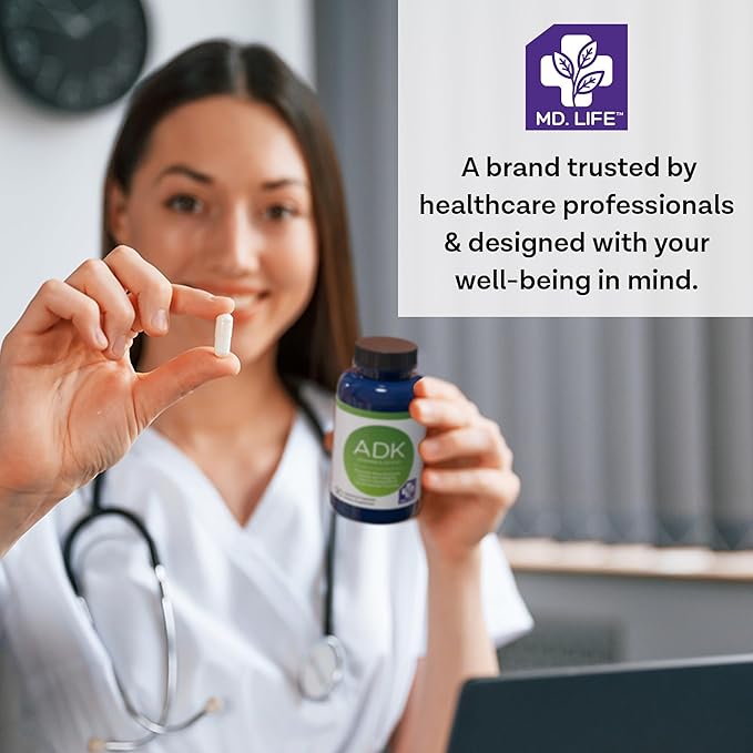 MD Life ADK Vitamin Supplement With Vitamin D3, K2 & A - 60 Capsules - Supports Bone & Heart Health - High Potency ADK Complex