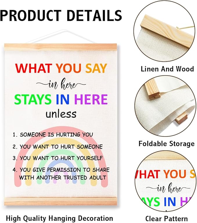 What You Say in Here Stays in Here Unless Poster Hanger Frame for Therapy Counseling Office Wall Decor,Mental Health Rainbow Canvas Wall Art Poster Print Wall Hanging 16x12in