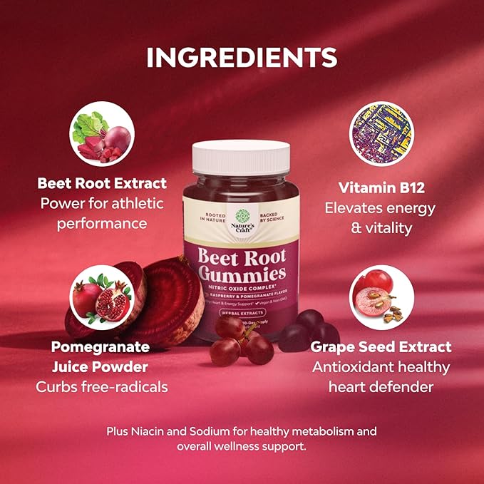 Flow Boosting Beet Root Gummies - Invigorating Beet Gummies for Adults Nitric Oxide Energy & Heart Health Support with Grapeseed Pomegranate & Vitamin B12 - Vegan Non-GMO & Gluten Free (1 Month)